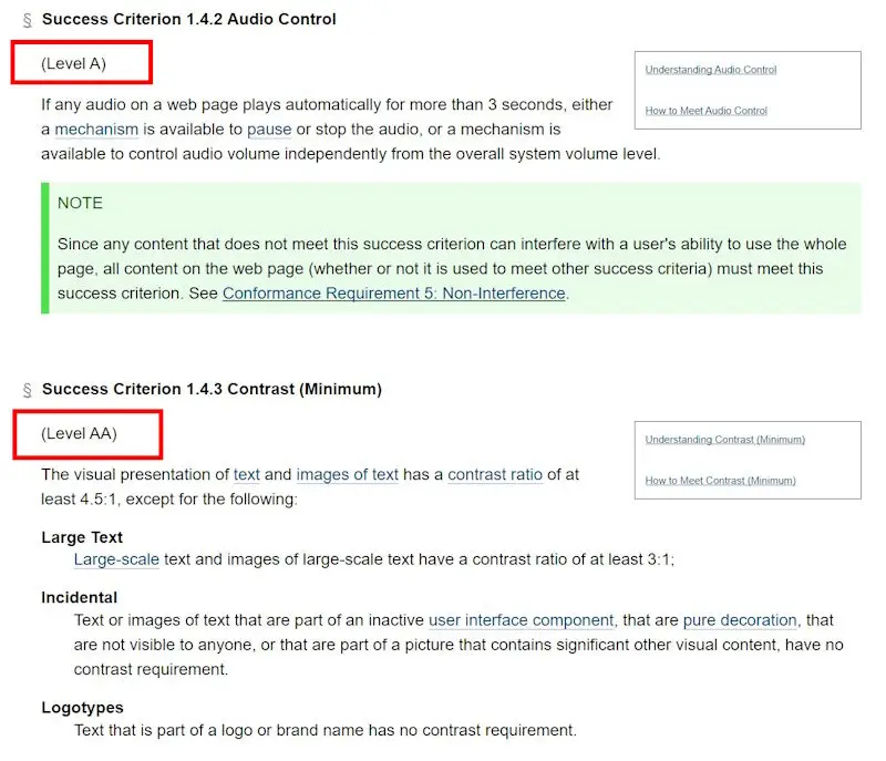 WCAG-Konformitätsstufen verstehen, um effektiv barrierefrei zu werden Screenshot aus den WCAG 2.2 Kriterienkatalog inklusive Markierung, das die Konformitätsstufe direkt unterhalb des Kriterium-Namens steht.